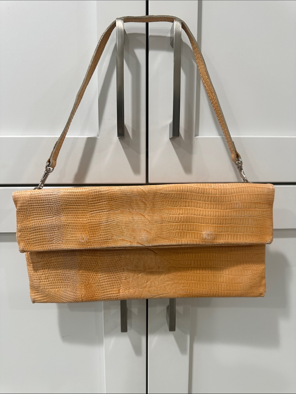 Women’s Orange Textured Fold-Over Wristlet Clutch/shoulder bag zippered pocket